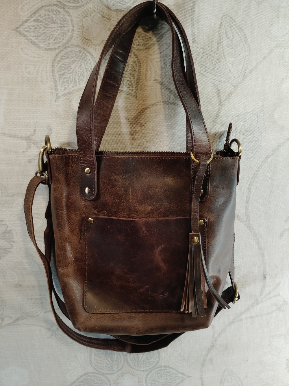 Classic Dark Brown Full grain Leather Crossbody/Shoulder Tote with Tassel Accent